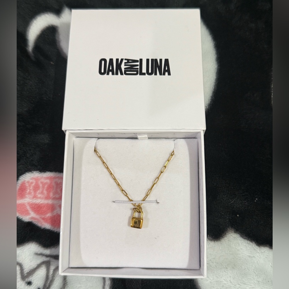 Oak and Luna Gold Lock Pendant paper clip style Necklace 18k gold vermeil NEW